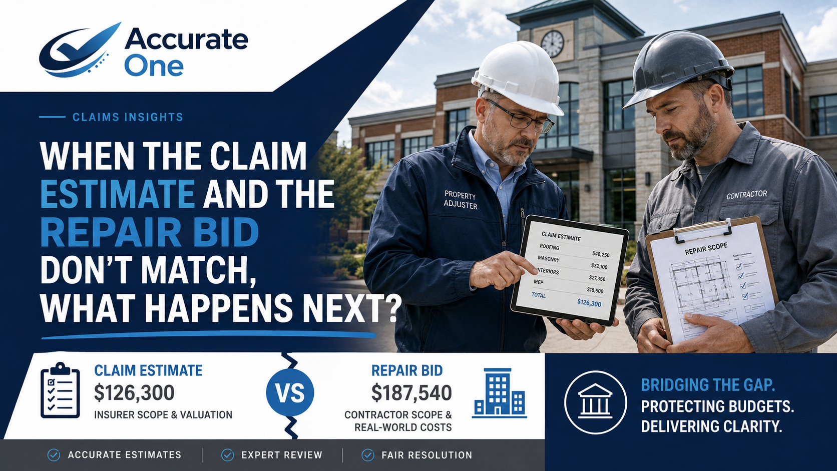 Commercial property adjuster and contractor reviewing a claim estimate and repair scope