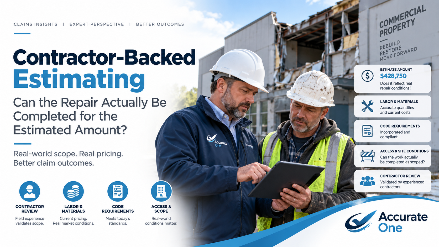 Contractor-backed estimating for commercial property claims